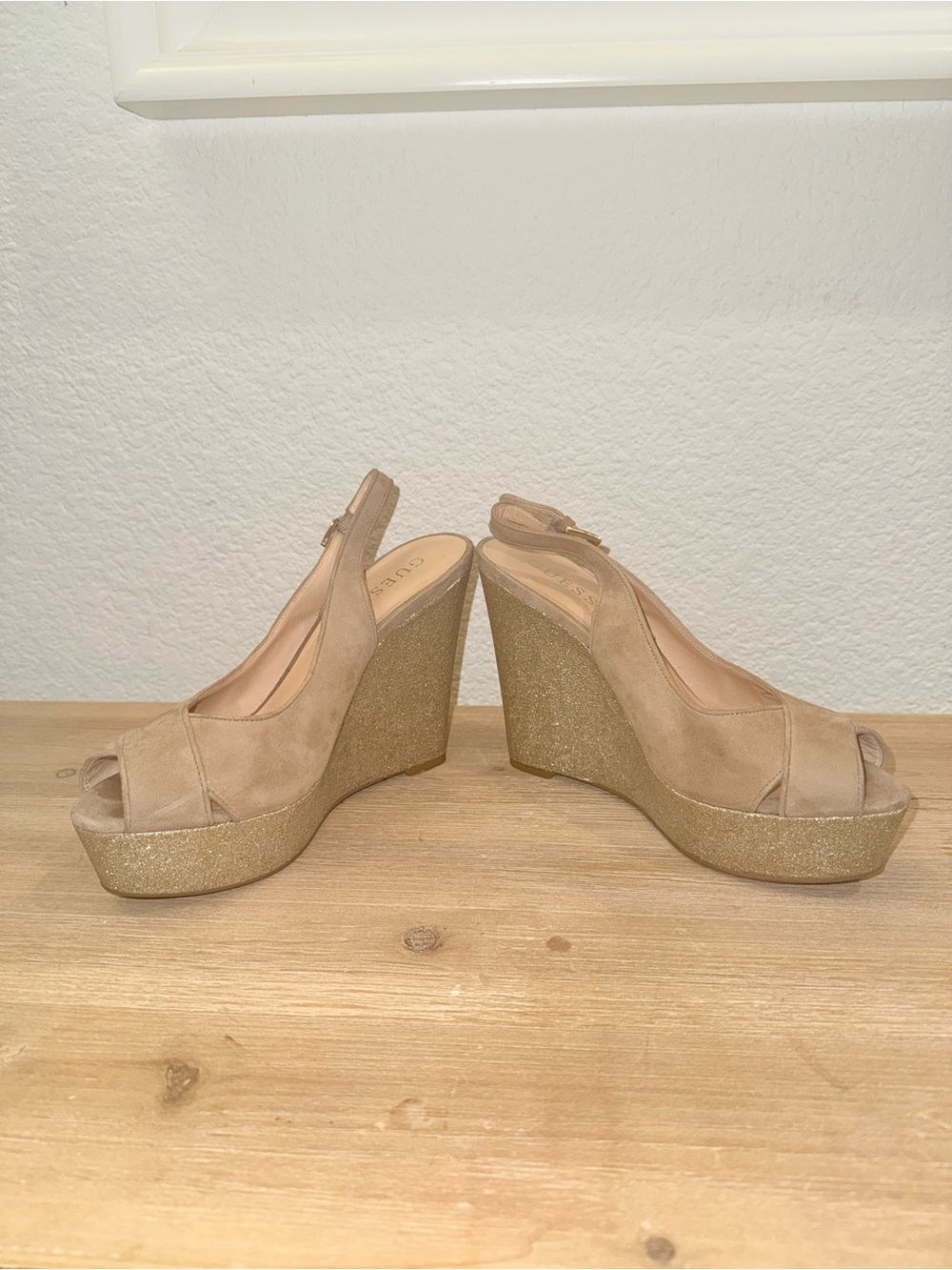 Guess Beige Peep-Toe Wedge Sandals with Glitter Platform, Size 38 - Picture 2 of 8
